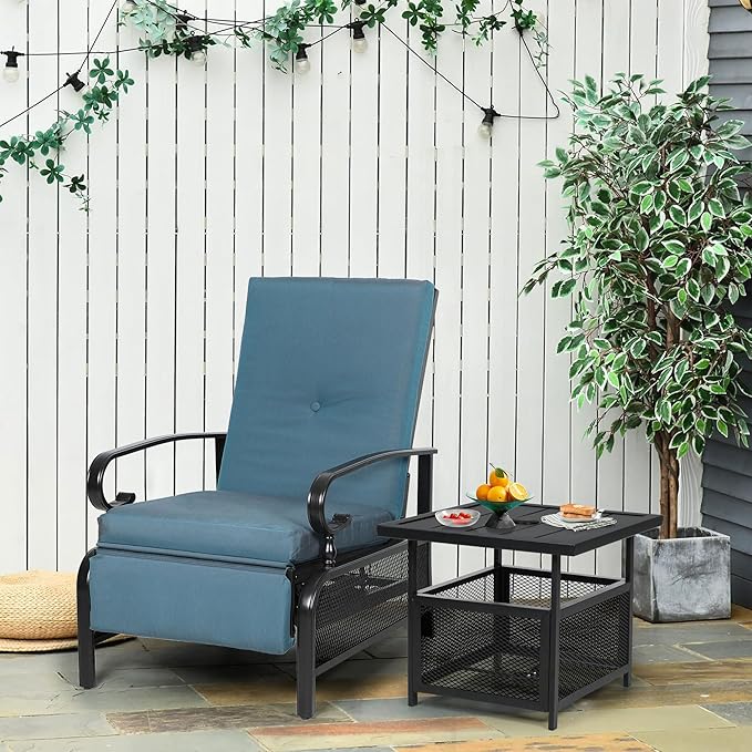 Oakcloud Adjustable Outdoor Lounge Chair Metal Patio Relaxing Recliner Chair Set with Bistro Table and Removable Cushions(Peacock Blue) OckcloudPatioFurniture