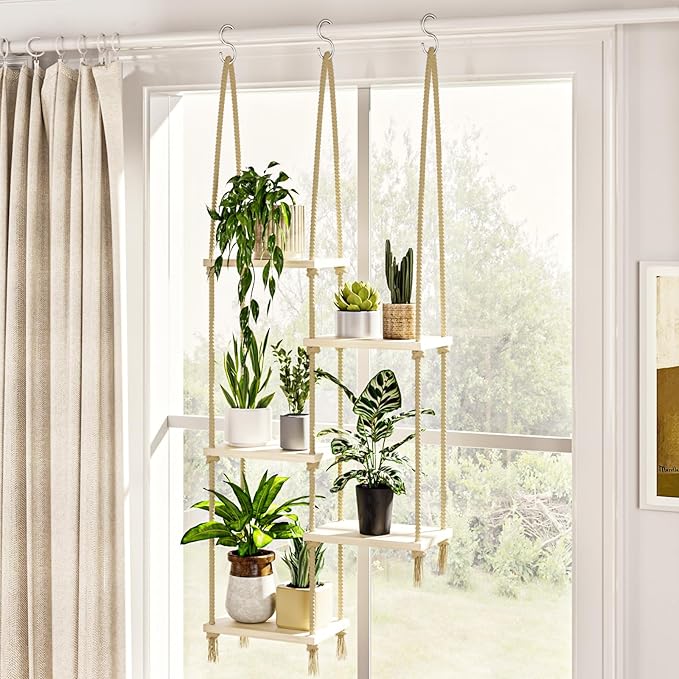 Bamworld Hanging Shelves Plant Hanger Indoor Window Plant Shelves Wood Plant Wall Shelf Window Sill Plant Shelf Indoor Hanging Plant Stand Living Room Decor Garden Boho Decor Bamworld