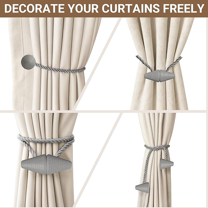 Hion Magnetic Curtain Tiebacks Grey 2pcs, Curtain Tiebacks Buckles Holdbacks Holders Hooks Clip for Home Bedroom Office Decorative Curtain Hion