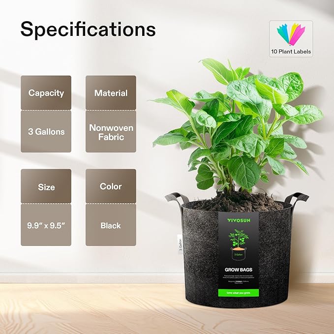 VIVOSUN 5-Pack 3 Gallon Plant Grow Bags Heavy Duty Thickened Nonwoven Fabric Pots with Handles VIVOSUN
