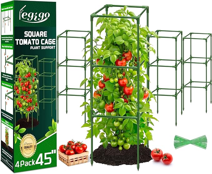 Legigo 4 Pack Square Tomato Cages for Garden- Up to 45 Inch Tomato Trellis Plant Cages Support, Tomato Stakes and Supports Cage for Climbing Vegetables Raised Garden Bed Cucumbers Peppers Flowers Legigo