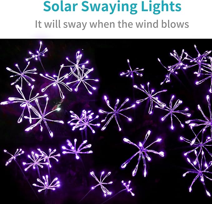 JJGoo Solar Garden Lights, New Upgraded 2 Pack Solar Swaying Starburst Light, Waterproof Fireworks Outdoor Lights, Yard Patio Pathway Decoration, Purple JJGoo