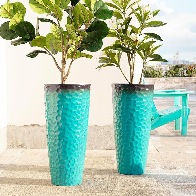 Glitzhome 31" H Oversized Tall Planter, Set of 2 Honeycomb Textured Gradient Turquoise Plastic Tall Outdoor Planters with Drainage Holes, Round Large Flower Pots for Indoor Outdoor Front Door Patio Glitzhome