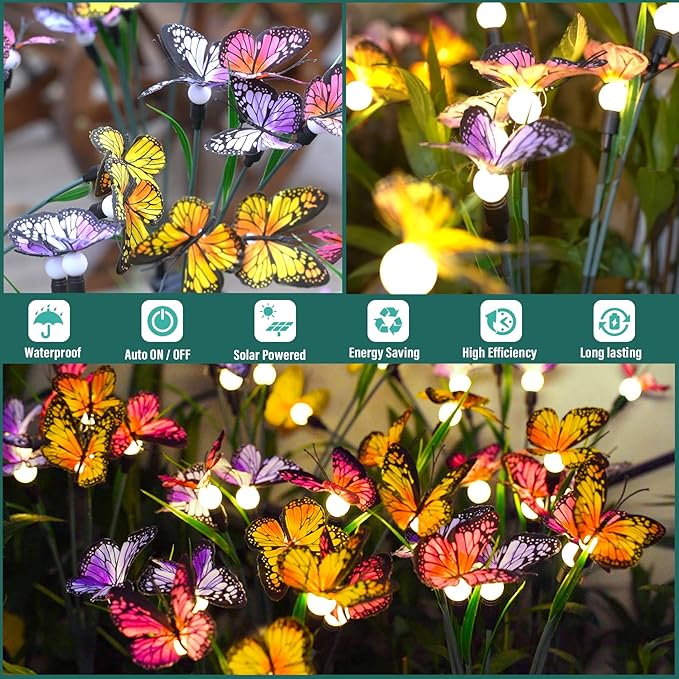 TONULAX Solar Garden Lights - Swaying Butterfly Light, Swaying in The Wind, Solar Outdoor Lights, Yard Patio Pathway Decoration, High Flexibility Iron Wire & Realistic Butterflies (6 Pack) TONULAX