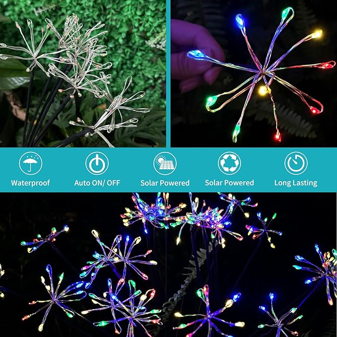 JJGoo Solar Garden Lights, New Upgraded 2 Pack Solar Swaying Starburst Light, Waterproof Fireworks Outdoor Lights, Yard Patio Pathway Decoration, Colorful JJGoo