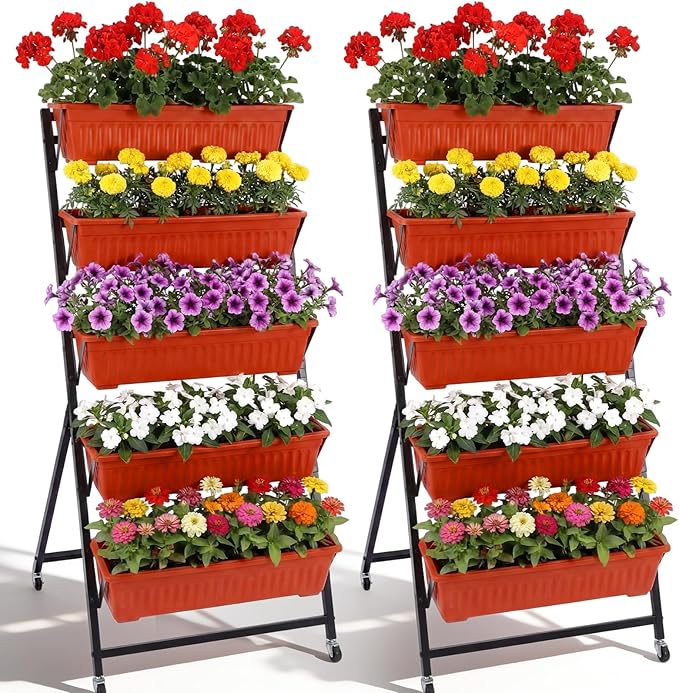 2 Pack 5-tier Vertical Garden Planter 4.5 ft Tall Raised Garden Bed with Lockable Wheels & Drainage, Removable Elevated Herb Vegetable Flower Planter for Patio Deck Indoor Outdoor(Brick Red) Briwooody