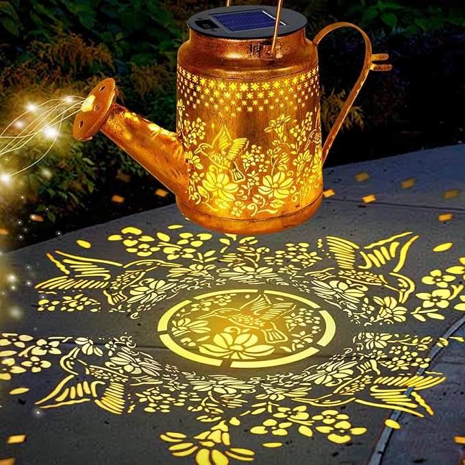 Solar Powered Hummingbird with Flowers Watering Can Lights Waterproof Outdoor Garden Decor with Shepherd Hook, Hanging Lights for Yard, Porch, Backyard Perfect Christmas Gift for Women, Mom, Grandma YJFWAL