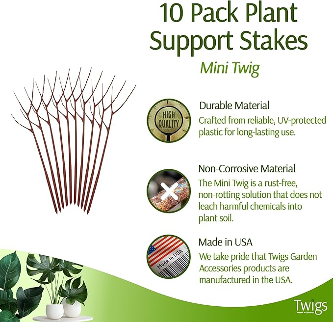 Mini Twigs Plant Support Stakes for Small Plants, Indoor & Outdoor Use, Gardening Supplies, Garden Accessories, Trellis & Ring Alternative, Made in USA - Begonia (Red), 10 Pack, 12" L TwigsGardenAccessories