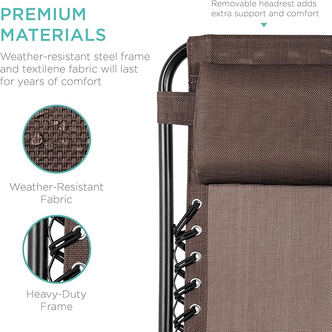 Best Choice Products Set of 2 Adjustable Steel Mesh Zero Gravity Lounge Chair Recliners w/Pillows and Cup Holder Trays - Brown BestChoiceProducts