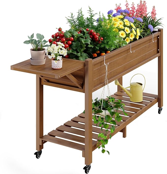 YEFU Raised Garden Bed with Legs: 57x18x30in Weight Capacity 400lb - Waterproof Raised Planter Box with Wheels - Elevated Garden Bed with Storage Shelf - Weather Resistant - for Deck/Patio/Porch/Teak YEFU