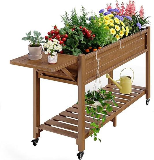 YEFU Raised Garden Bed with Legs: 57x18x30in Weight Capacity 400lb - Waterproof Raised Planter Box with Wheels - Elevated Garden Bed with Storage Shelf - Weather Resistant - for Deck/Patio/Porch/Teak YEFU