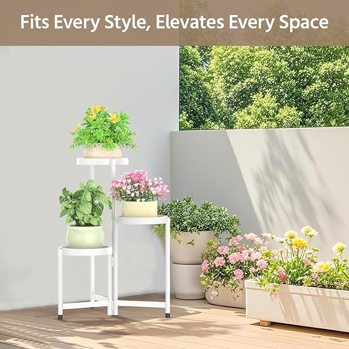 LASZOLA 3 Tiered Folding Plant Stand Indoor for Multiple Large Planter, Tall Heavy Duty Adjustable Rack with Rust Proof Plastic Shelving, Sturdy Vertical Tree Organizer for Narrow Inside Floor, White LASZOLA
