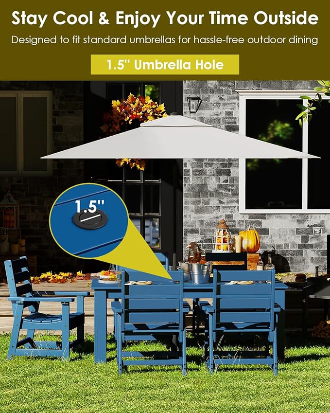 GREENVINES Outdoor Dining Table | 67’’ | HDPE | Rectangle Tables for 6 | All-Weather | Umbrella Hole | Patio Furniture | for Poolside Backyard Garden | Blue GreenVines