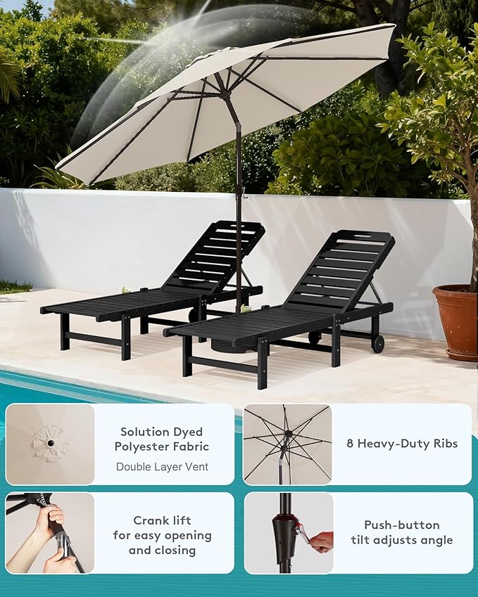 SERWALL Outdoor Chaise Lounge Set of 2 with 9FT Umbrella, HDPE Pool Lounge Chair with 5-Position Adjustable Backrest, Patio Lounger with Rolling Wheels & Cup Holder for Pool, Black SERWALL