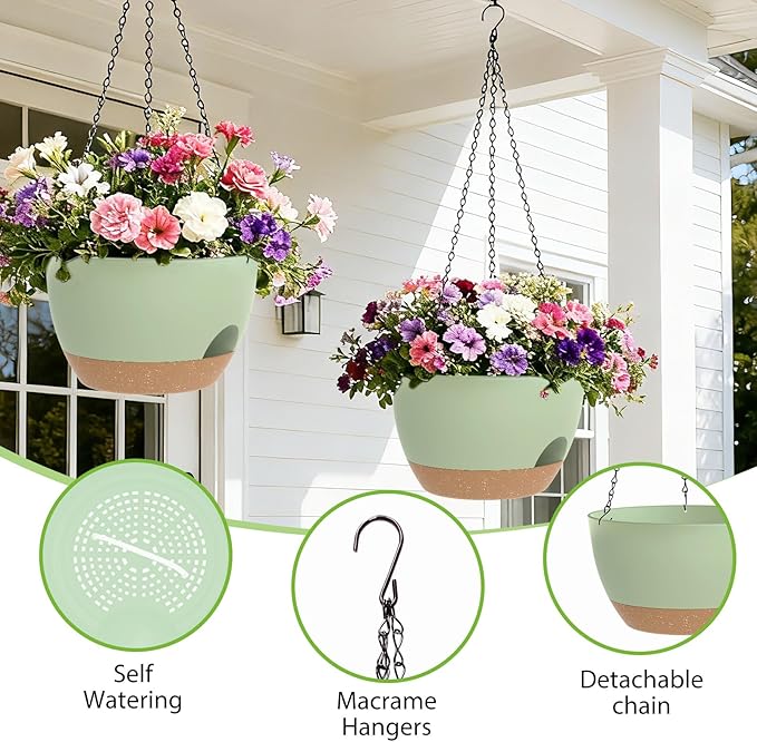 8 Inch Hanging Planters for Indoor Outdoor Plants, 4 Pack Green Brown Plastic Self Watering Hanging Baskets with Drainage Holes and Chain for Garden Porch SQKH