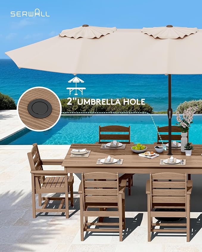 SERWALL 9 Piece Outdoor Dining Set, 84" HDPE Outdoor Table and Chairs for 8，All Weather Patio Furniture Set with Umbrella Hole for Backyard, Garden, Brown SERWALL