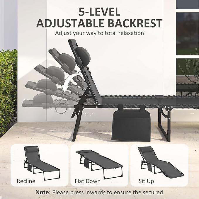 Outsunny Chaise Lounge Chair Outdoor, 5-Position Adjustable Sun Tanning Chair with Carrying Handle and Side Pocket, Folding Bed Cot with Removable Pillow for Garden, Beach, Patio, Pool, Camp, Black Outsunny