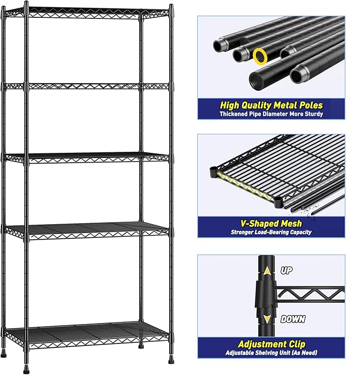 5-Tier Shelf 1010LBS Storage Shelves Adjustable Wire Shelving Metal Shelving Unit Storage Rack for Kitchen Pantry Closet Laundry School Commercial 59.4" Hx21.5 W x13.6 D Romorgniz