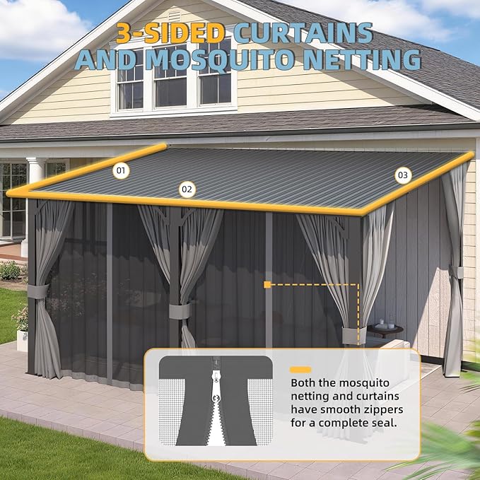 AECOJOY 20'x10' Outdoor Hardtop Metal Gazebo with Curtains and Netting for Patio, Large 10x20 Lean to Heavy Duty Wall Mounted Pergolas and Grill Gazebos Clearance, Patio Steel Roof Awnings for Decks AECOJOY