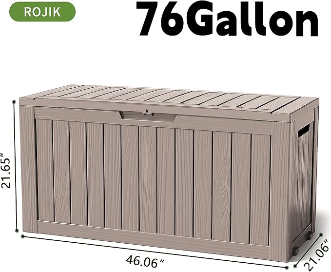 ROJIK Outdoor Storage Housing Deck Box - Waterproof Patio Furniture, Garden Tools, Cushions, Pool Accessories Storage Bench with Lockable Lid and Side Handles (Grey 76 Gal) ROJIK