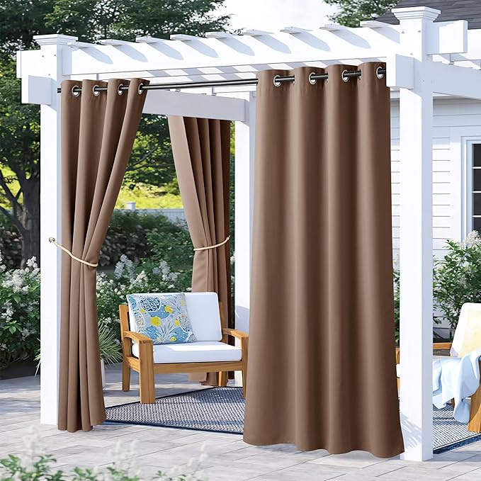 NICETOWN 2 Panels Patio Blackout Outdoor Curtains Waterproof, Thermal Insulated Stainless Steel Rustproof Grommet Indoor Outdoor Curtains & Drapes for Yard/Gazebo, Tan, W52 by L72 NICETOWN