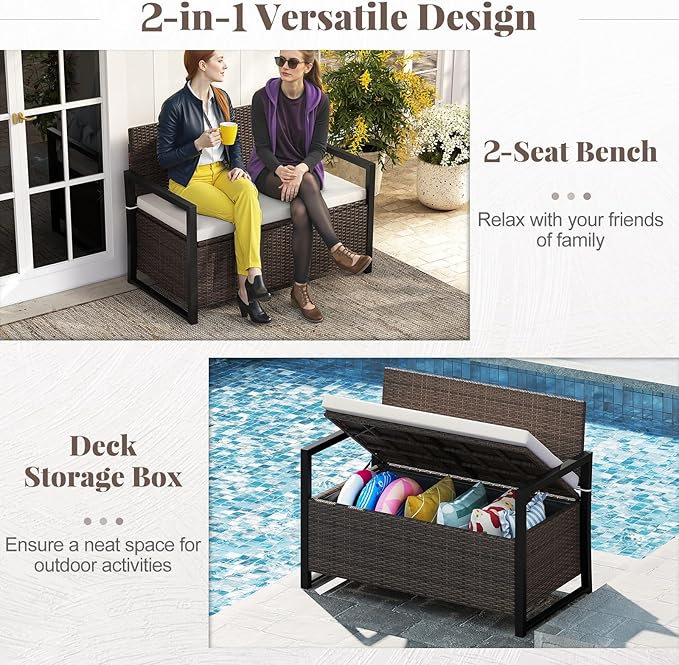 Tangkula 40 Gallon Outdoor Bench with Storage, Patio Wicker Storage Bench with Cushion, Cover, Metal Frame, Deck Box Seat for Backyard, Poolside, Balcony, Garden TANGKULA