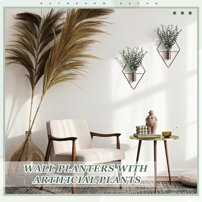 Jexine 8 Pcs Hanging Planters with Artificial Eucalyptus Metal Hanging Vase Indoor Plants Holder Modern Geometric Boho Bathroom Wall Decor for Living Room Home Office, Bronze Jexine