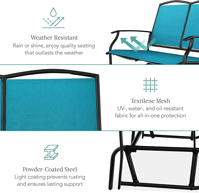 Best Choice Products 2-Person Outdoor Patio Swing Glider Steel Bench Loveseat Rocker for Deck, Porch w/Textilene Fabric, Steel Frame - Peacock Blue/Black BestChoiceProducts