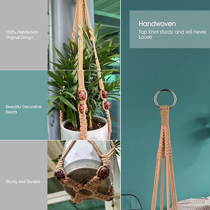 RIFNY Macrame Plant Hanger for 5 to 10 Inch Plant Pots, 35 Inch Woven Rope Hanger Kits with Hooks and Wood Beads, Hanging Planter Basket for Indoor Boho Home Decor (Brown, 3 Pack) RIFNY