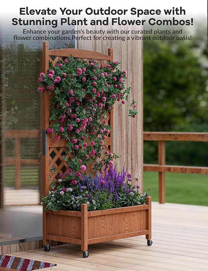 GarveeLife 1PC Wood Planter Box with Trellis - 29.5"x26"x61.5" Tall Raised Garden Bed with Wheels, Drainage Holes, Vertical Flower Stand for Patio Horticulture GarveeLife