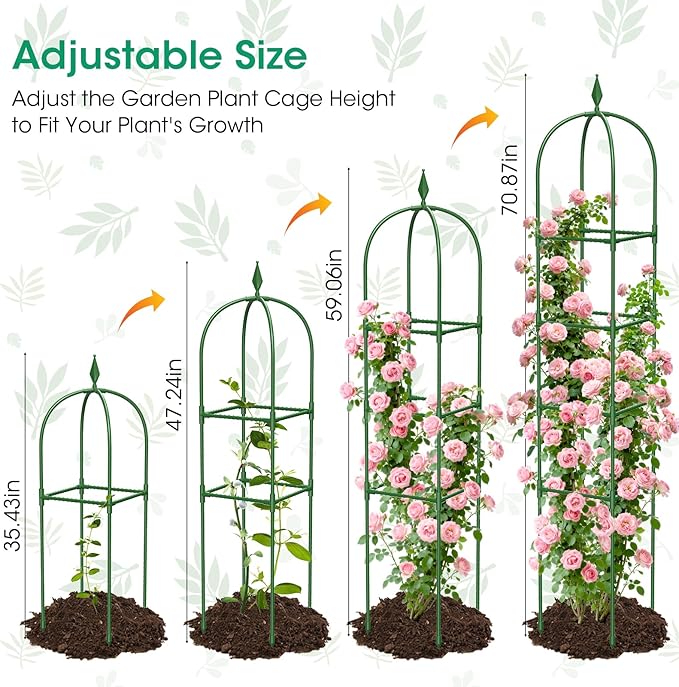2 Pack Garden Obelisk Trellis for Climbing Plants, 71" Metal Rustproof Plant Support Rose Trellis, Tower Potted Cages for Flowers Fruits Vegetable Vines Indoor & Outdoor, Green(4 Tiers) MQHUAYU