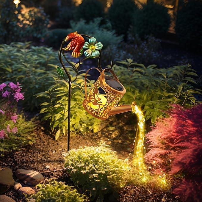 Solar Lights Outdoor Garden Decor Solar Watering Can with Crackle Glass Lights Waterproof Metal Hanging Fairy Lantern for Patio Lawn Yard Outside Decorations- Unique Gift Ideas for Gardening QOCNAM