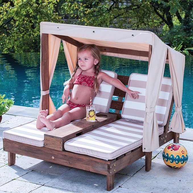 KidKraft Wooden Outdoor Double Chaise Lounge with Cup Holders, Patio Furniture for Kids or Pets, Espresso with Oatmeal and White Striped Fabric KidKraft