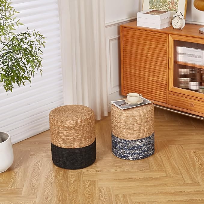 Wimarsbon Natural Seagrass Foot Stool, Hand Weaving Round Ottoman, for Living Room, Outdoor Seat (Natural & Blue) Wimarsbon