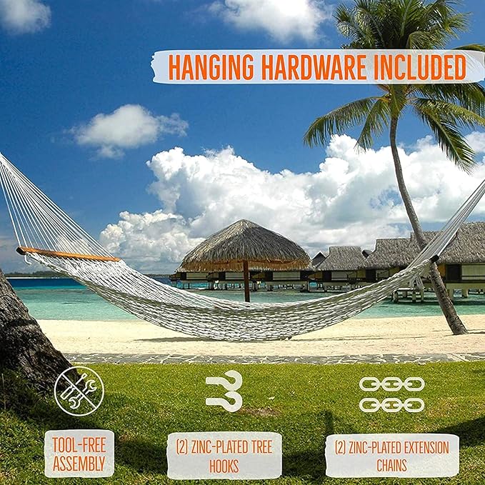 Castaway Living 13 ft. Double Traditional Hand Woven Oatmeal Polyester Rope Hammock – 2-Person, 450 lb Capacity, Free Extension Chains & Tree Hooks, Designed in The USA CastawayLiving