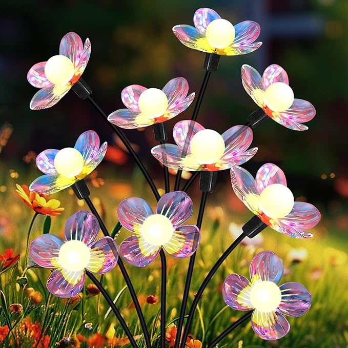 Solar Garden Lights Outdoor, New Upgraded 4-Pack Firefly Solar Lights with Iridescent Petals & Warm White Glow - Waterproof Wind-Swaying Decor for Yard, Patio NBQQ