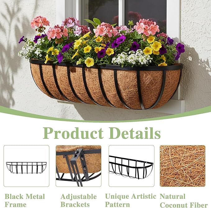 English Inviting Horse Trough Balcony Planter With Coconut LinerMetal Wall-Mounted Planter Box Deck Window Box 16 Inch (2 Pack) EIMQUVW