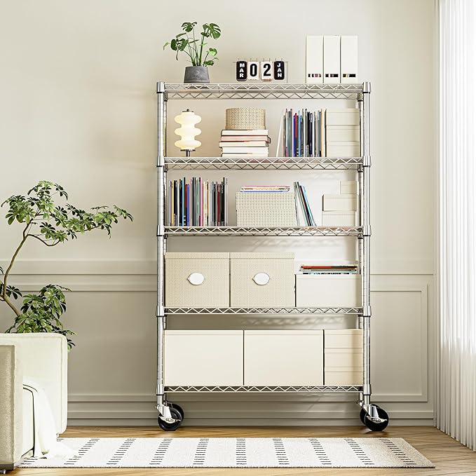 IZEUK 5-Tier Storage Shelving Unit with Wheels, Adjustable Heavy Duty Steel Wire Rack Organizer (Chrome, 17.7" D x 47.2" W x 76.7" H, 1750 lbs Capacity) for Garage, Kitchen, Pantry, Laundry, Basement IZEUK