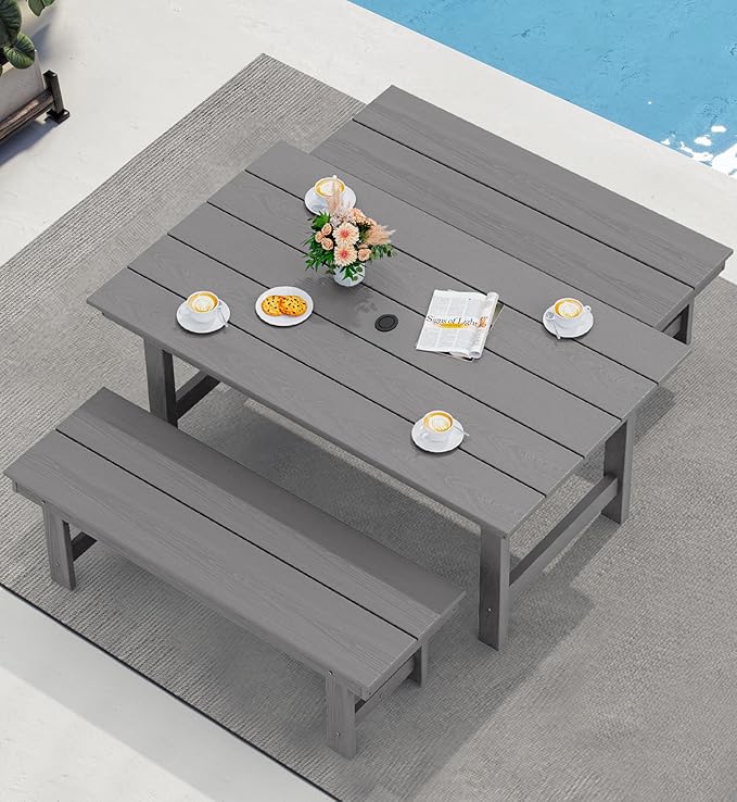 SERWALL Patio Dining Table and Bench Set for 6, Gray SERWALL