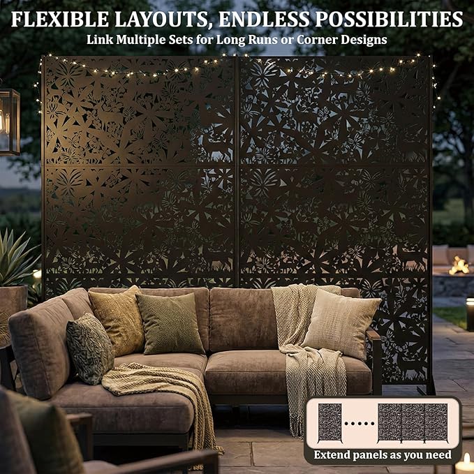 Metal Privacy Screen Outdoor 6FT – Freestanding Laser Cut Steel Garden Divider Panel with Stand, Decorative Modern Privacy Screen for Patio, Deck, Backyard & Balcony, Rustproof & Weather-Resistant Rootora