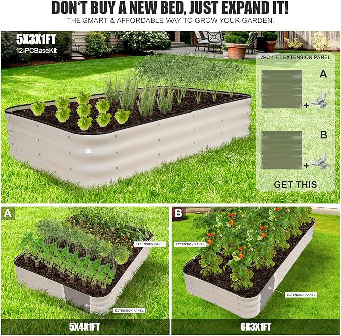 GoCampDriect 4IN1 Raised Garden Bed - 5x3x1ft Galvanized Raised Garden Boxes Outdoor Corrosion Resistant | Variable Shape 6x2x1ft Metal Raised Garden Beds for Planting Vegetable, Herb,Fruits,White GoCampDirect