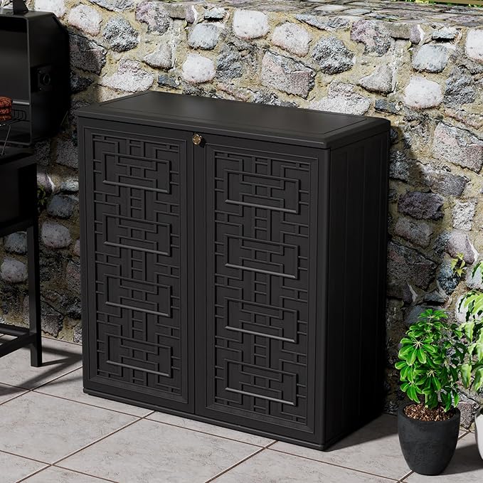 Outdoor Storage Cabinet Waterproof with Shelf,Resin Storage Sheds Outdoor Cabinets for tub Towels/Chemicals/Grill Items/Patio/Garden/Backyard, Size 34.3''L*15''W*36.2''H（Black） Mrosaa