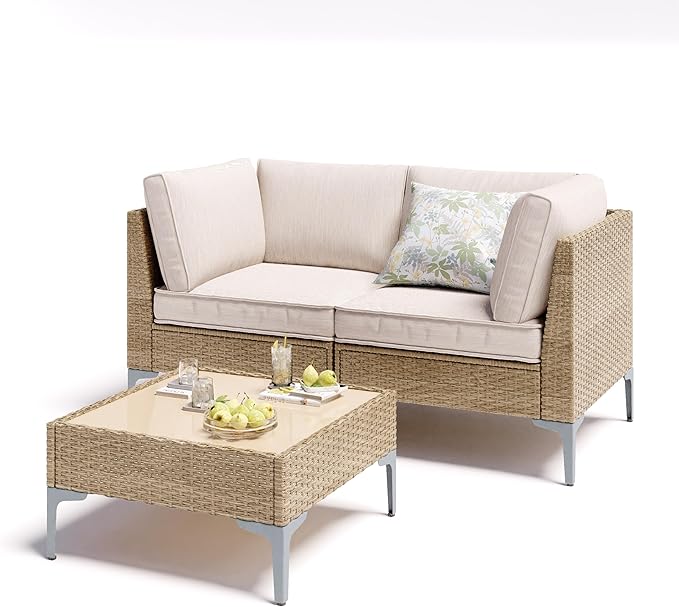 3 Piece Patio Furniture Set, Outdoor Wicker Sectional Sofa with Coffee Table, Anti-Slip & Thick All-Weather Cushions for Garden, Poolside, Backyard, Beige OutdoorPatioFurnitureSet