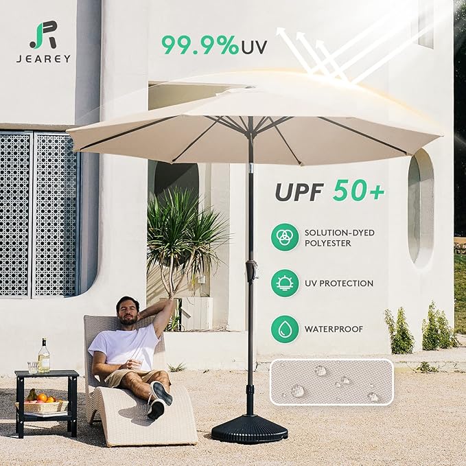 JEAREY 9FT Outdoor Patio Umbrella Outdoor Table Umbrella with Push Button Tilt and Crank, Market Umbrella 8 Sturdy Ribs UV Protection Waterproof for Garden, Deck, Backyard, Pool (Beige) JEAREYOutdoorsCollection
