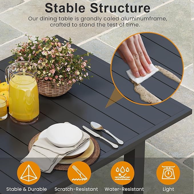 Expandable Aluminum Outdoor Dining Table, 3-Adjustable Lengths Patio Dining Table for 6-10 Person, 91.7" L x 33.5" W Metal Patio Table with Umbrella Hole Adjustable Feet for Garden Porch Deck, Grey Bringyoubetterlife