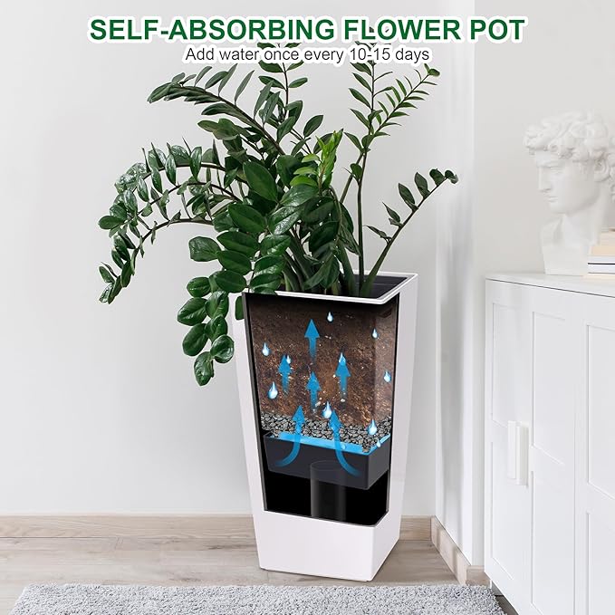 30 Inch Tall Self Watering Planters Set of 2, Outdoor Plant Pots with Automatic Watering System, Water Level Monitor, Drainage, Wheels & Inner Bucket, for Front Porch & Indoor Plants White Rootora
