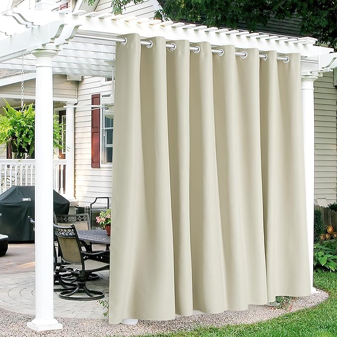 RYB HOME Extra Wide Outdoor Curtains for Patio Waterproof Heavy Duty Thermal Insulated in Summer Full Coverage Privacy for Porch, Cabana & Pool, W120 x L95, Beige, 1 Panel RYBHOME