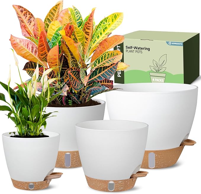 Self-Watering Pots for Indoor Plants 4 Pack, 6/8/10/12 Inch Outdoor Planters with Water Level Indicator&Deep Reservoir, Decorative Flower Pots for Indoor Plants,Home Decor (White, 12+10+8+6 inch) GOPROAUTO
