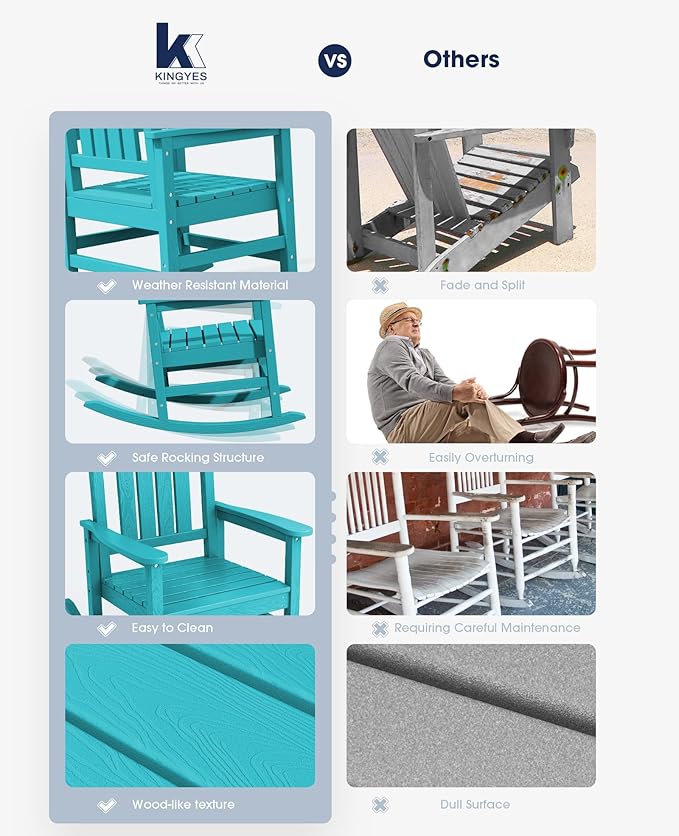 KINGYES HDPE Outdoor Rocking Chair Set of 4, All-Weather Poly Patio Rocking Chairs with 330lbs Support for Adults, Aruba Blue KINGYES