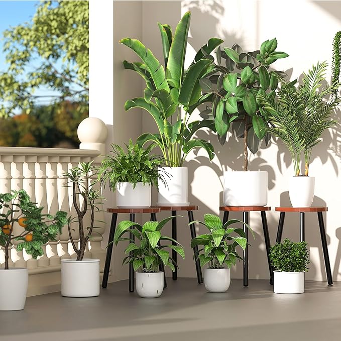 2-Pack Wood Plant Stands Indoor, 16.7" Tall Plant Stand Outdoor Mid-Century Plant Stool, Single Plant Table Modern Small Round Side/End Table for Living Room, Balcony, Office(Brown) Rootora